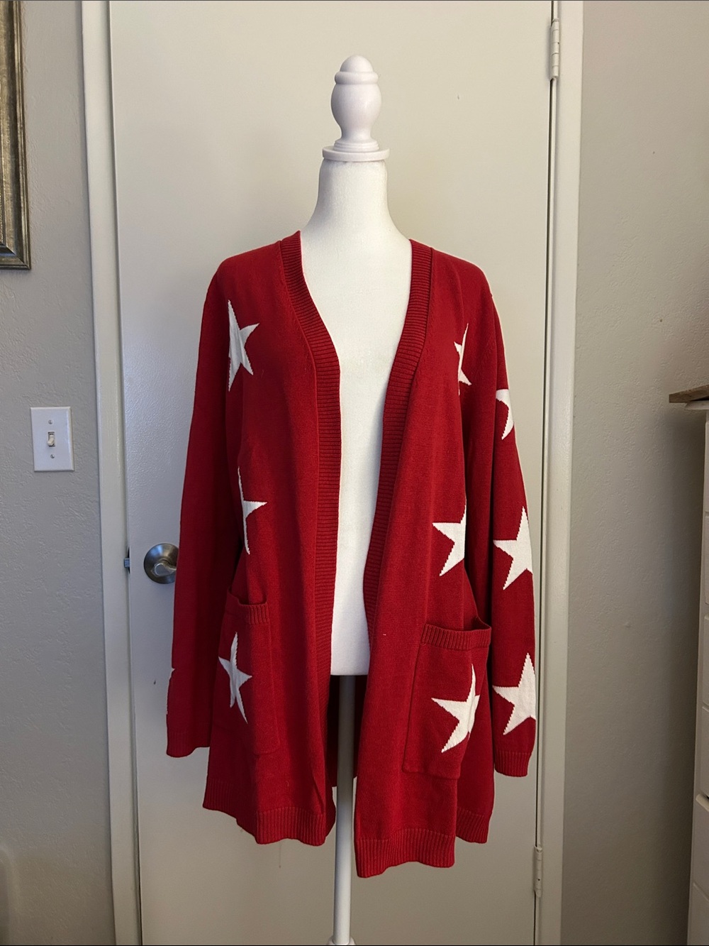 Patriotic Red Star-Accent Open Cardigan Sweater by BELLE/KIM GRAVEL